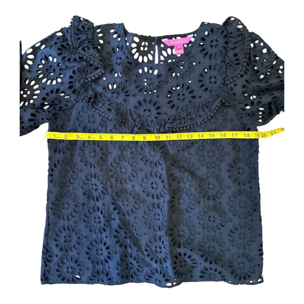 Lilly‎ Pulitzer Caroline Eyelet Ruffle Long Sleeve Blouse In Onyx Top Size Small